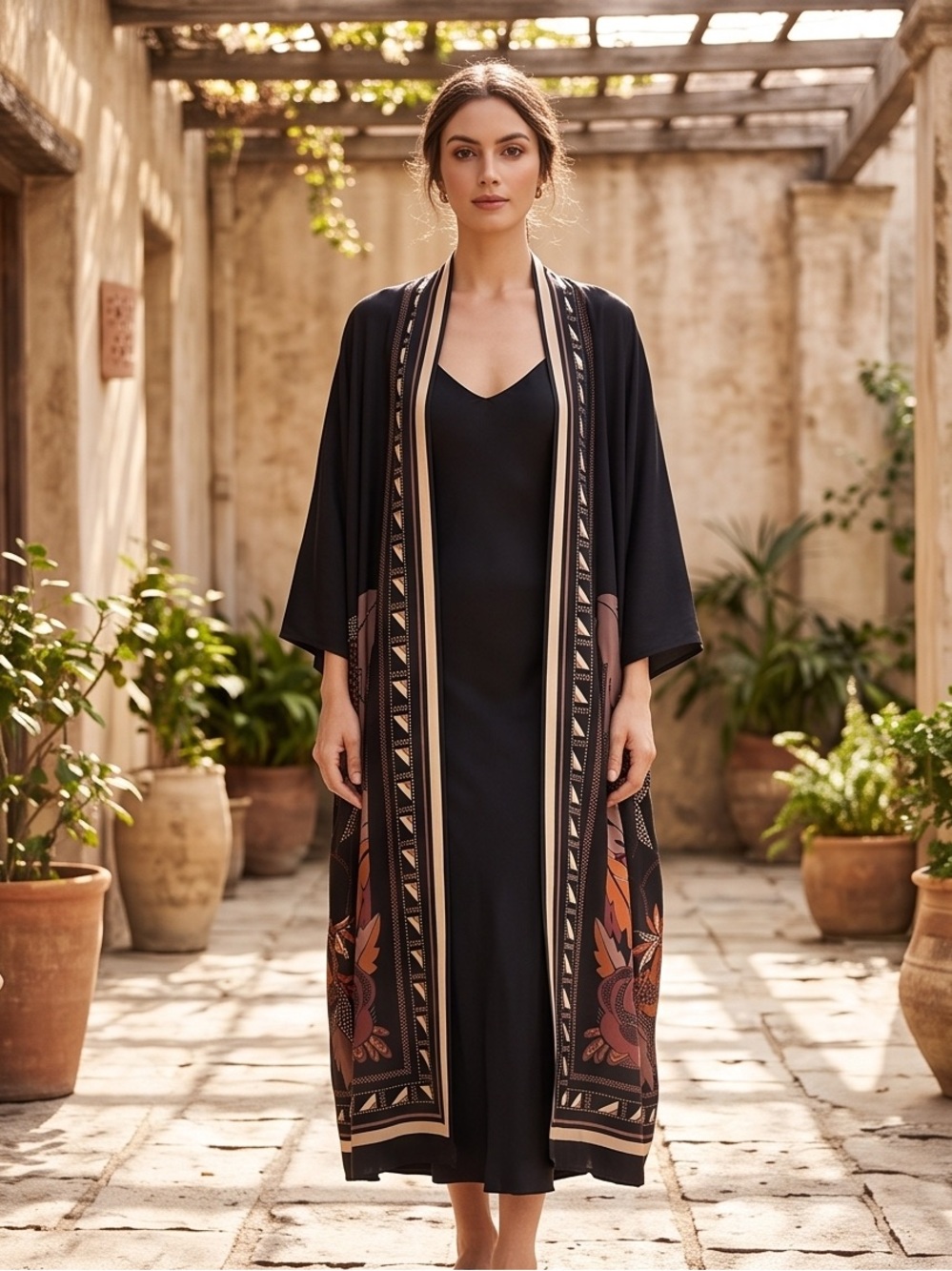 Black floral 70’s vintage gottex made for Neiman Marcus cover up/ duster .